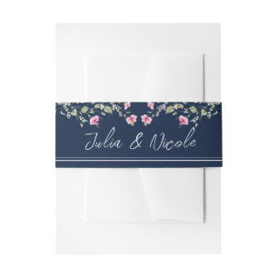 Dusty Navy Blue Pink Hibiscus Bloom Wedding Shower Invitation Belly Band