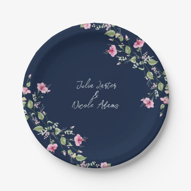 Dusty Navy Blue Pink Hibiscus Bloom Wedding Shower Paper Plate (Front)
