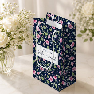 Dusty Navy Blue Pink Hibiscus Bloom Wedding Shower Small Gift Bag