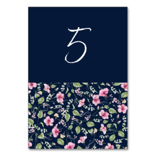 Dusty Navy Blue Pink Hibiscus Bloom Wedding Shower Table Number