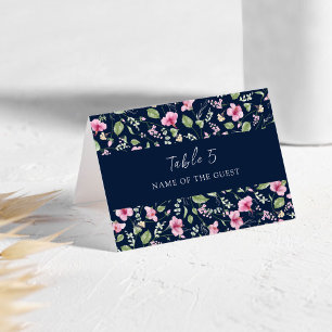 Dusty Navy Blue Pink Hibiscus Wedding Place Card