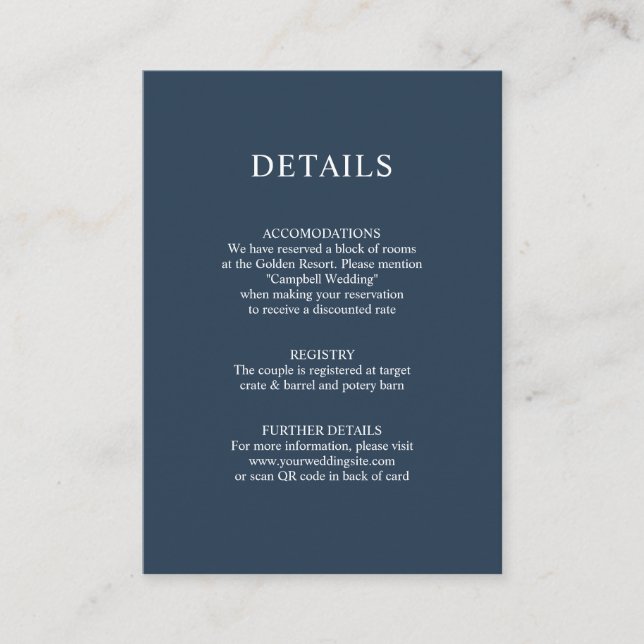 Dusty Navy blue QR code Wedding DETAILS Enclosure Card (Front)