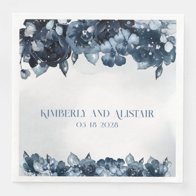 Dusty Navy Blue Silver Wedding Napkin (Front)