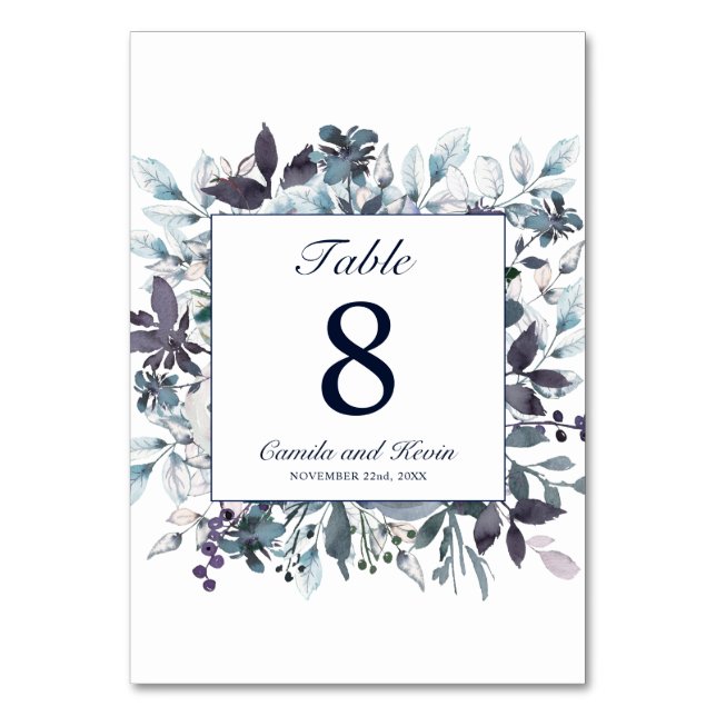 Dusty Navy Blue Watercolor Floral Wedding Table Number (Front)