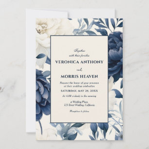 Dusty navy blue & white floral watercolor wedding invitation