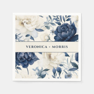 Dusty navy blue & white floral watercolor wedding napkin
