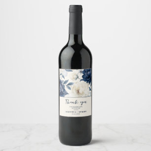 Dusty navy blue & white floral watercolor wedding  wine label