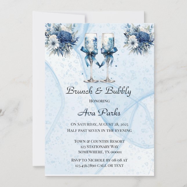 Dusty Navy Blue Wine Glass Brunch & Bubbly Invitation (Front)