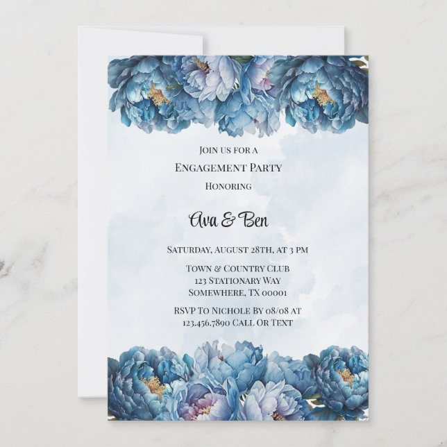 Dusty Navy Paint Peony Engagement Party Invitation (Front)