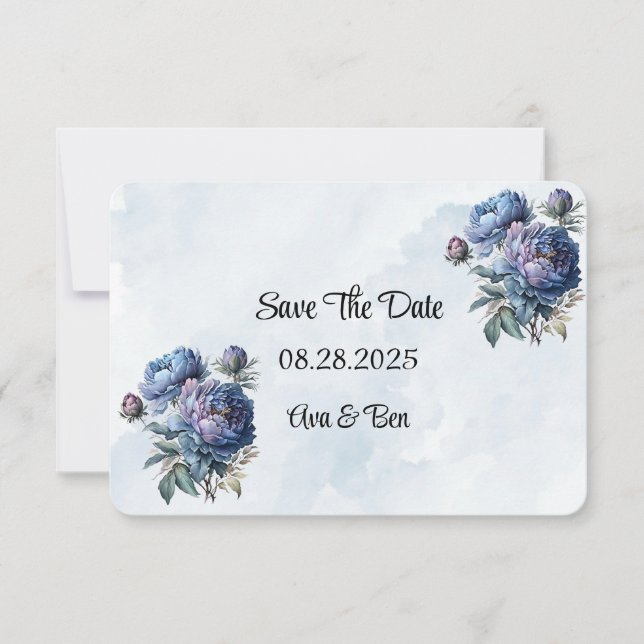 Dusty Navy Painted Peony Save The Date Cards (Front)