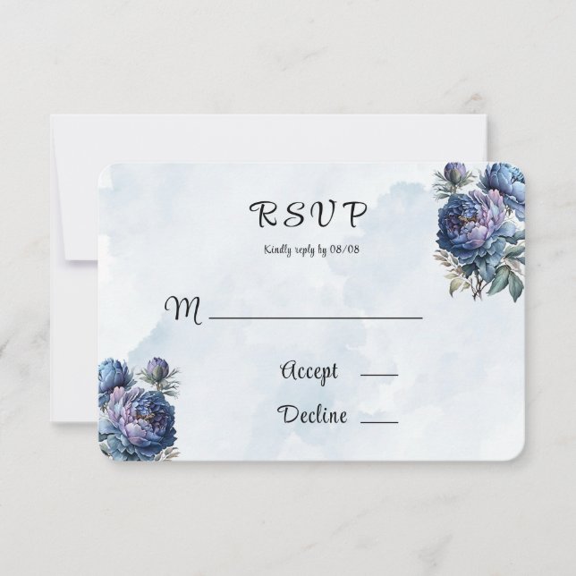 Dusty Navy Painted Peony Wedding RSVP Cards (Front)