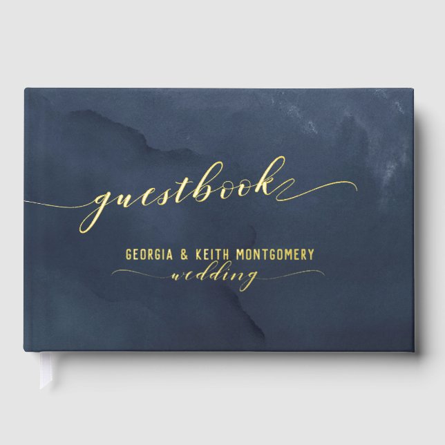 Dusty Navy Watercolor Gold Script Elegant Wedding  Guest Book (Front)