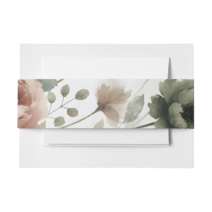 Dusty Olive & Pink Watercolor Floral Wedding Invitation Belly Band