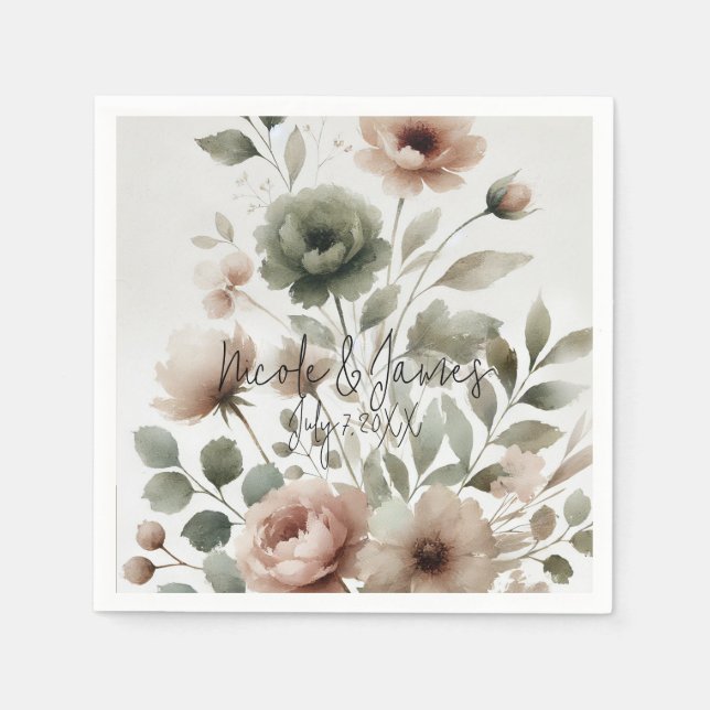 Dusty Olive & Pink Watercolor Floral Wedding Napkin (Front)
