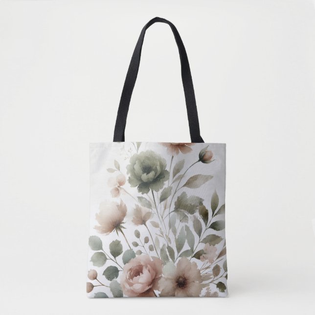 Dusty Olive & Pink Watercolor Floral Wedding Tote Bag (Front)