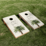 Dusty Palm | Wedding Event Minimal Style Tan Cornhole Set<br><div class="desc">A unique palm tree-themed set of cornhole boards tailored specifically to your future wedding on the beautiful coast or island. They feature a minimal style illustration of a single palm tree over a tan sandy colour backdrop. Above this rest the unique names of the bride and groom in an elegant...</div>