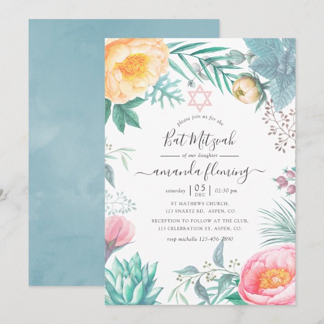 Dusty Pastel Tropical Floral Summer Bat Mitzvah Invitation (Front/Back)