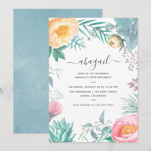 Dusty Pastel Tropical Floral Summer Birthday Party Invitation (Front/Back)