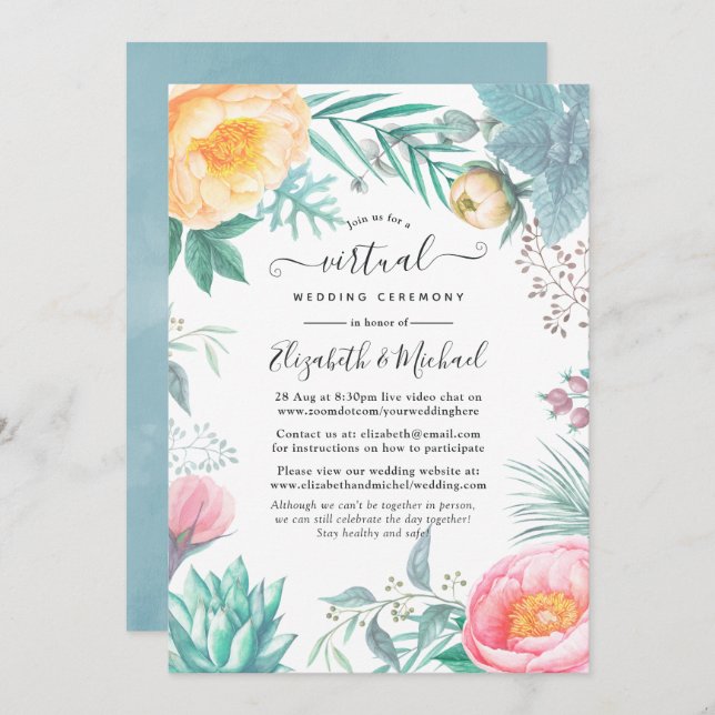 Dusty Pastel Tropical Floral Virtual Wedding Invitation (Front/Back)