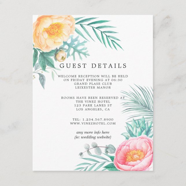 Dusty Pastel Tropical Floral Wedding Guest Details Enclosure Card (Front)