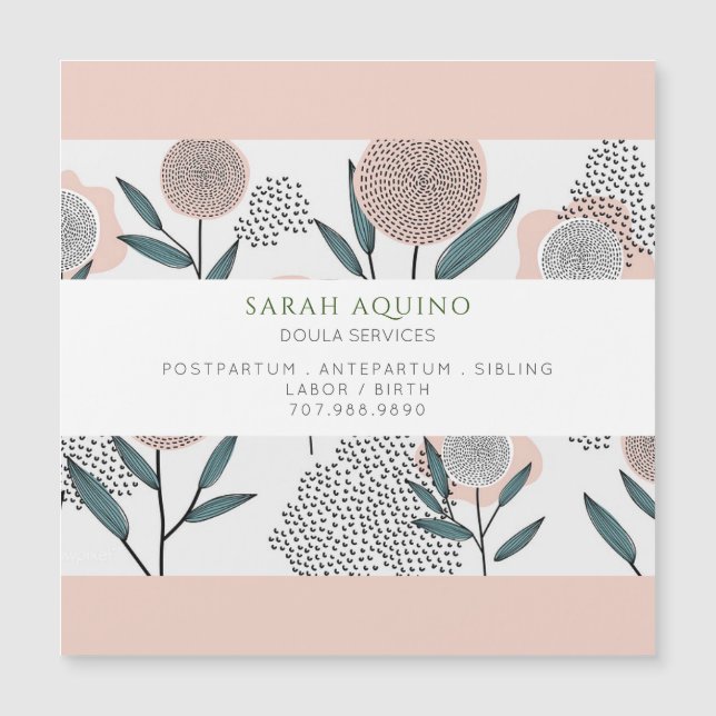 Dusty Peach Floral Doula Magnetic Business Card (Front)