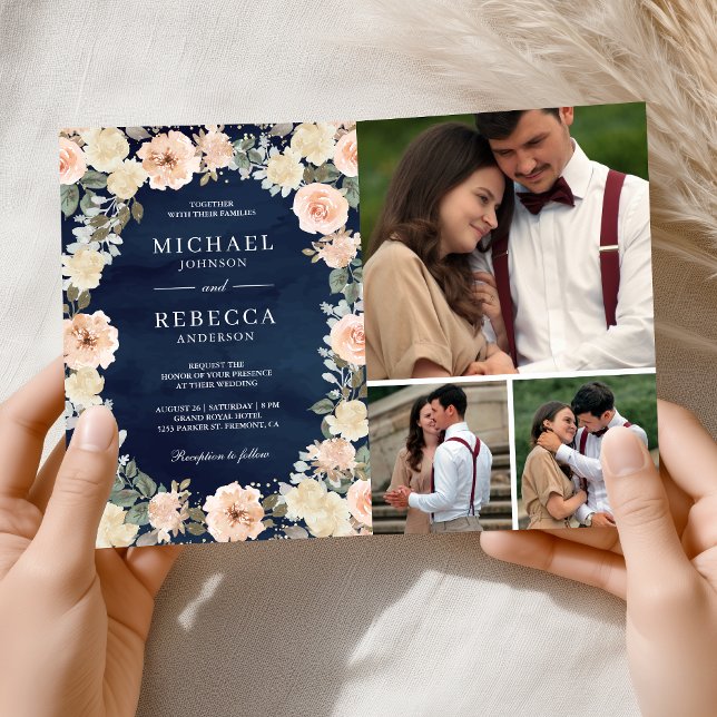 Dusty Peach Floral Navy Blue QR Code Wedding Invitation (Creator Uploaded)