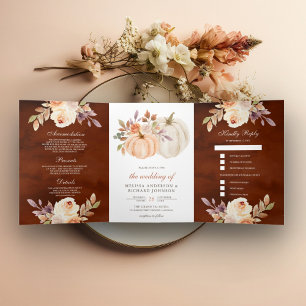 Dusty Peach Floral Pumpkin Terracotta Wedding Tri-Fold Invitation