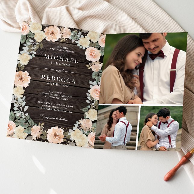 Dusty Peach Floral Rustic Wood QR Code Wedding Invitation (Creator Uploaded)