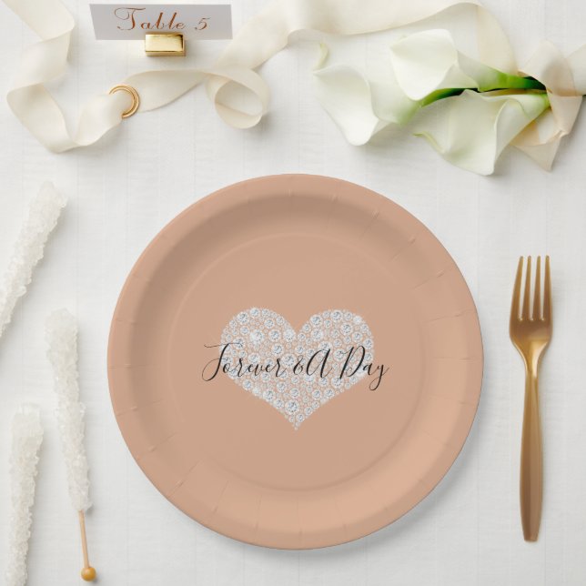 Dusty Peach Gold Confetti Diamonds Heart Paper Plate (Wedding)