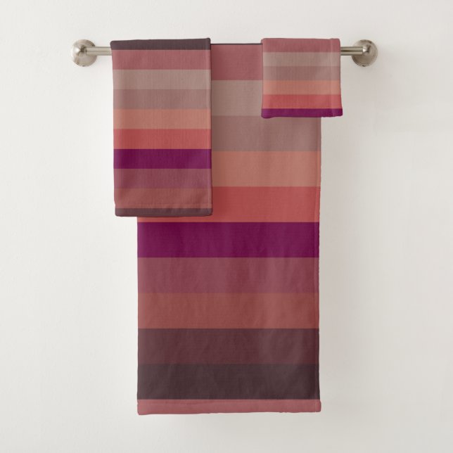 Dusty Peach & Mauve Horizontal Stripes Bath Towel Set (Insitu)