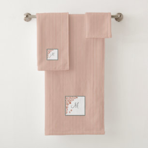 Dusty Peach Stripe Terracotta Butterfly Monogram Bath Towel Set
