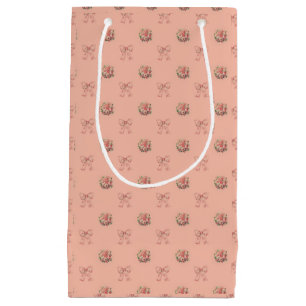 Dusty Peach Vintage Roses Toile Bows Small Gift Bag
