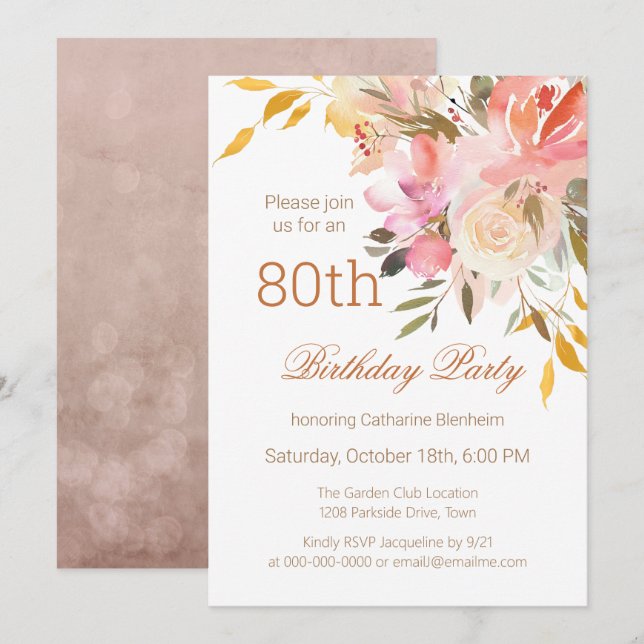Dusty Peach Watercolor Floral 80th Birthday Party  Invitation (Front/Back)