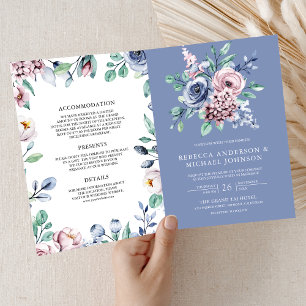 Dusty Periwinkle Blue Pink Floral QR Code Wedding Invitation