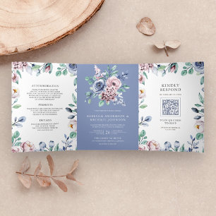 Dusty Periwinkle Blue Pink Floral QR Code Wedding Tri-Fold Invitation