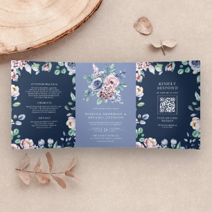 Dusty Periwinkle Pink Floral Navy QR Code Wedding Tri-Fold Invitation