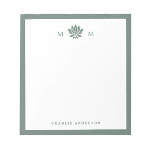 Dusty Pine Green Lotus Flower Monogram Notepad