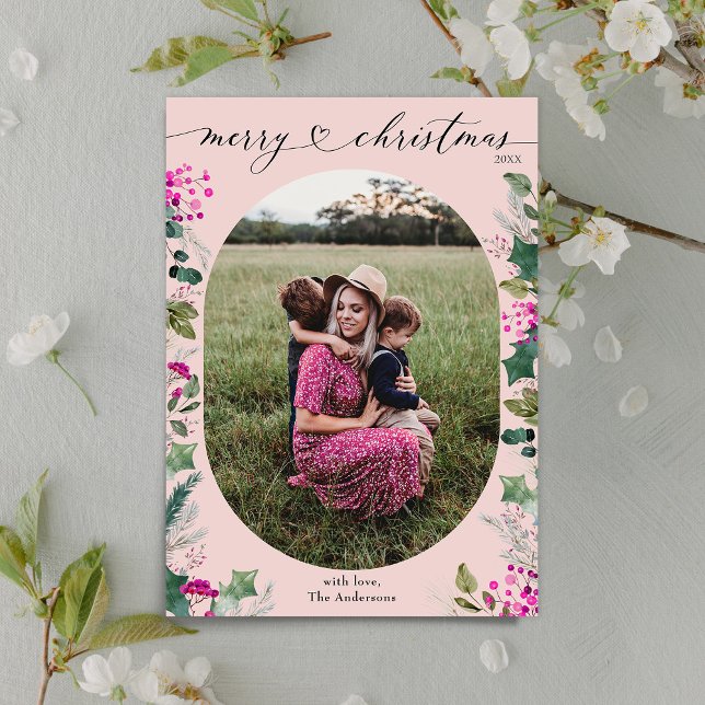 Dusty Pink 1 Photo Greenery Merry Christmas Card  (Creator Uploaded)