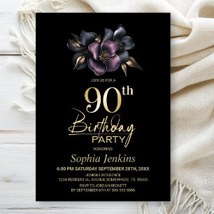 Dusty Pink and Grey Floral 90th Birthday Party Invitation