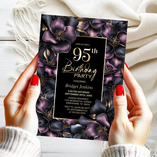 Dusty Pink and Grey Floral 95th Birthday Party Invitation (Creator Uploaded)