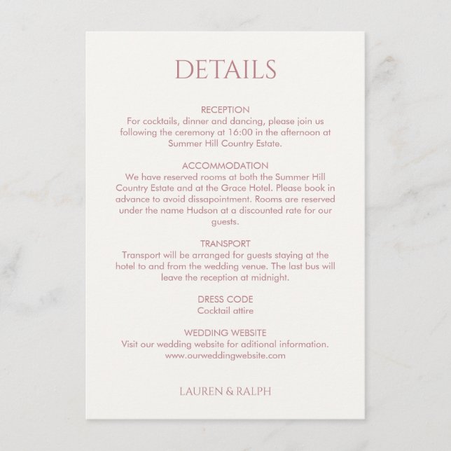 Dusty Pink and Ivory Monogrammed Wedding Details  Enclosure Card (Front)