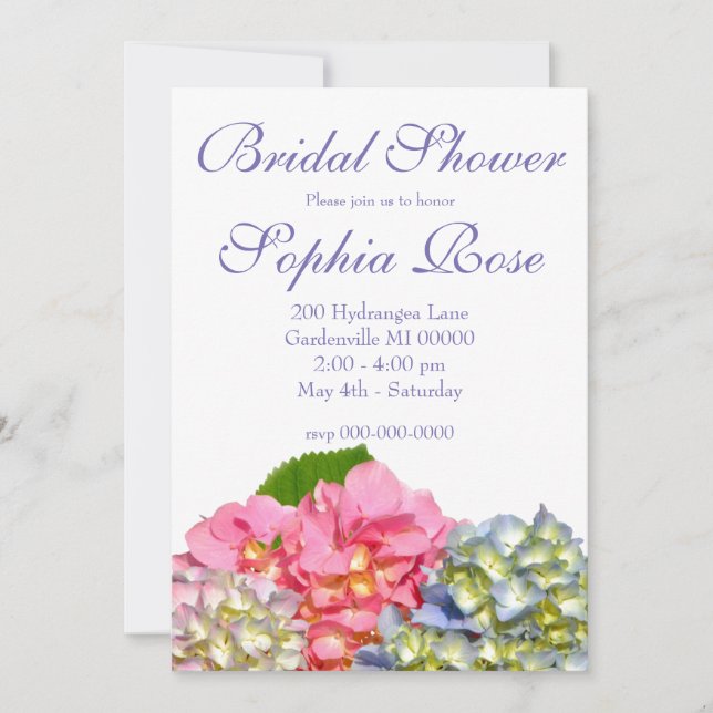 Dusty pink blue yellow green floral hydrangeas  invitation (Front)