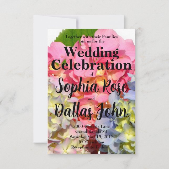 Dusty pink blue yellow green floral hydrangeas  invitation (Front)
