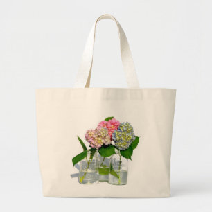 Dusty pink blue yellow green floral hydrangeas  large tote bag