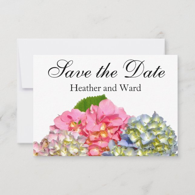 Dusty pink blue yellow green floral hydrangeas  save the date (Front)