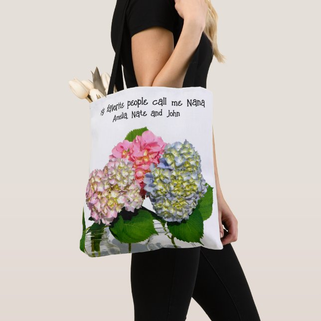 Dusty pink blue yellow green floral hydrangeas tote bag (Close Up)