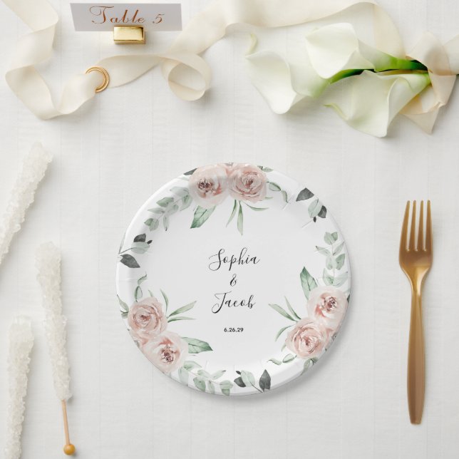 Dusty Pink Blush Floral Eucalyptus Wedding  Paper Plate (Wedding)