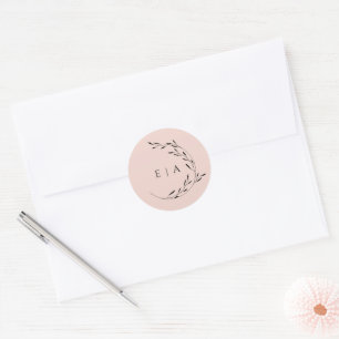 Dusty Pink Blush Minimal Monogram Wreath Envelope Classic Round Sticker