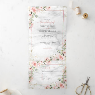 dusty pink blush pink greenery watercolor Photo Tri-Fold Invitation