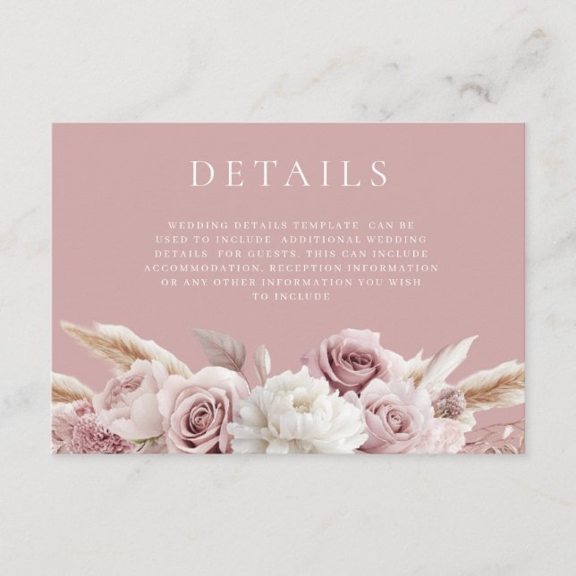 Dusty Pink & Blush Rose Floral Wedding Details Enclosure Card (Front)